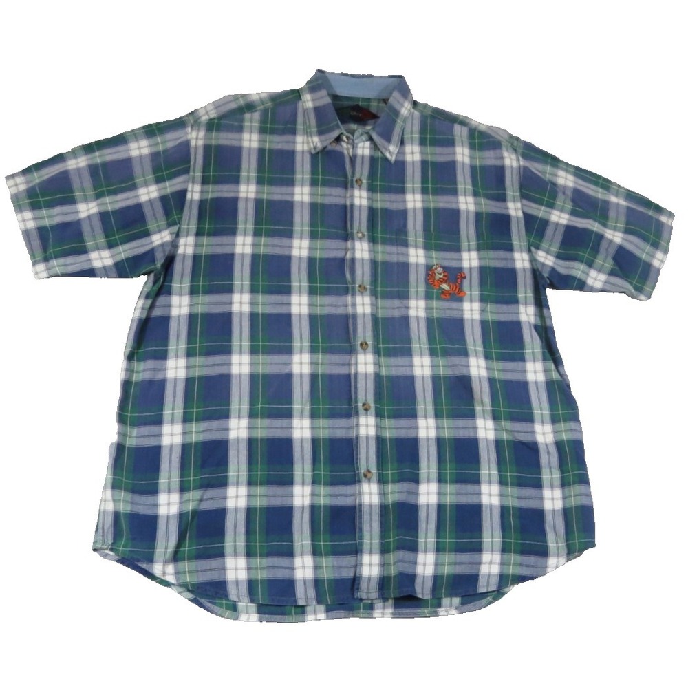 Vintage Disney Store Tigger Shirt XL Short Sleeve Plaid Cotton Blue Green Button